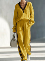 Casual Color-block Linen-cotton Top And Trousers Two-piece Set