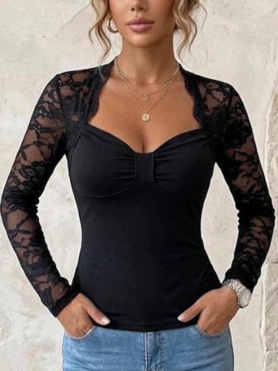 Slim-fit Long-sleeve Top With Lace Splicing And A Sweetheart Neckline