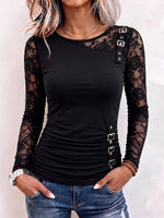 Women's Solid Color Crew Neck Long-sleeve Loose Casual Lace-panel Top