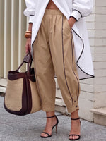 Women's high-waisted casual loose cotton and linen cropped trousers