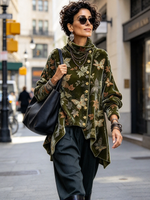 Relaxed Leaf And Butterfly Printed Asymmetric Velvet Top