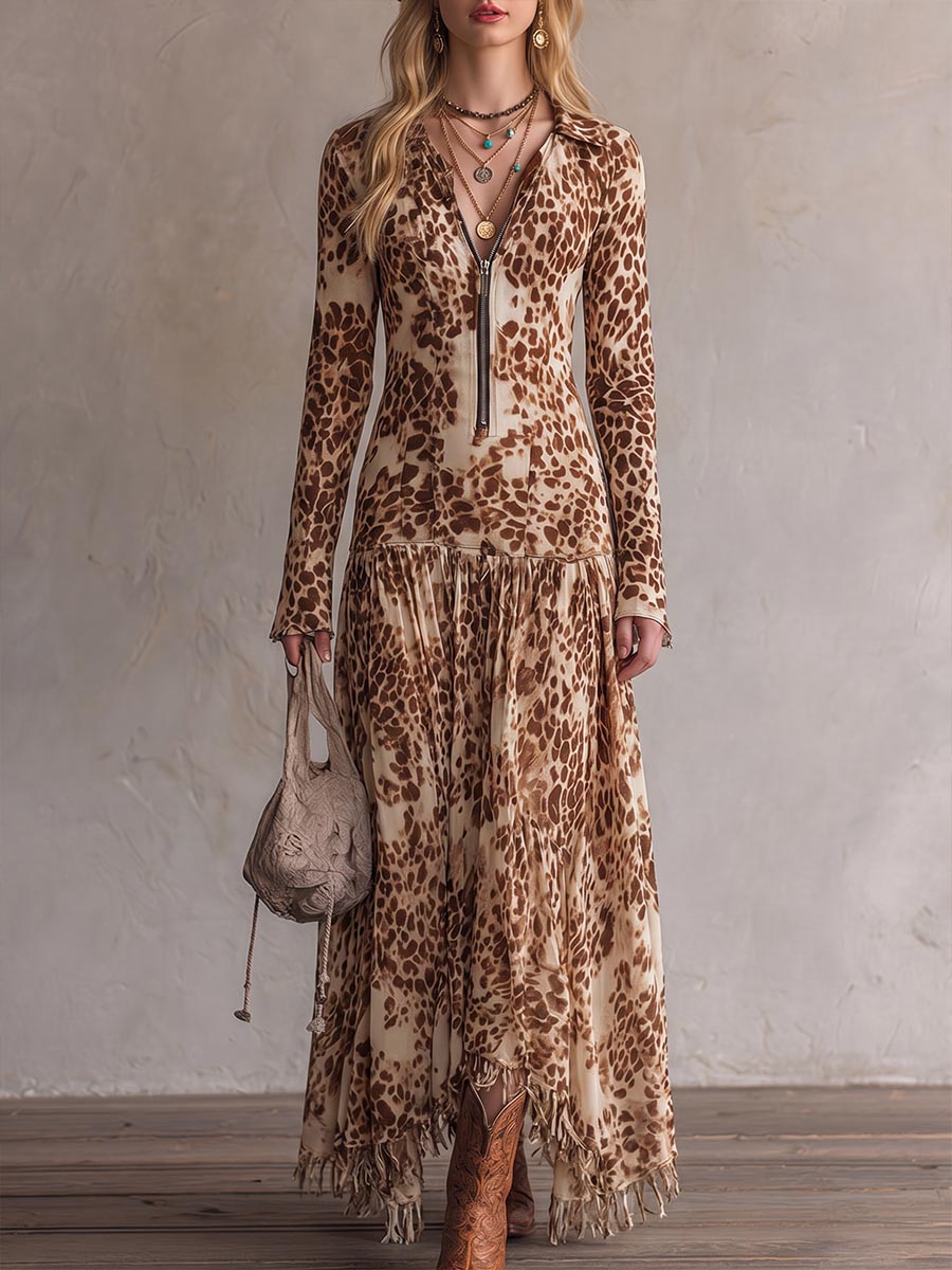 Women's Leopard Print Collared Long Sleeve Casual Loose Tassel Dress