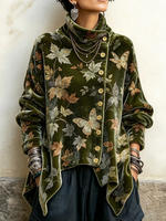 Relaxed Leaf And Butterfly Printed Asymmetric Velvet Top