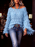 Boho Feather-shaped Bell-sleeve Knit Pullover