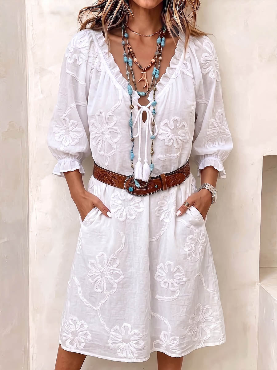 Women's solid color V-neck 3/4 sleeve casual loose cotton embroidered dress
