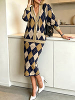 Women's High-waisted Loose-fit Knit Midi Skirt With Color-block Argyle Print