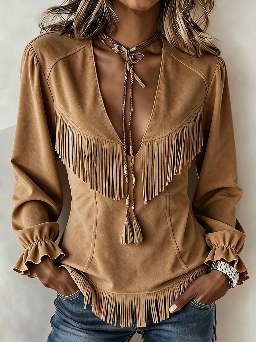 Women's Solid Color V-neck Long-sleeve Loose Casual Tassel Top