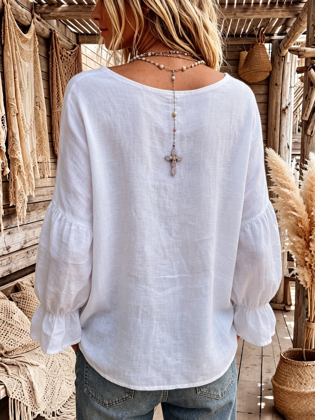 Casual Bohemian Flared Sleeve V-neck Top