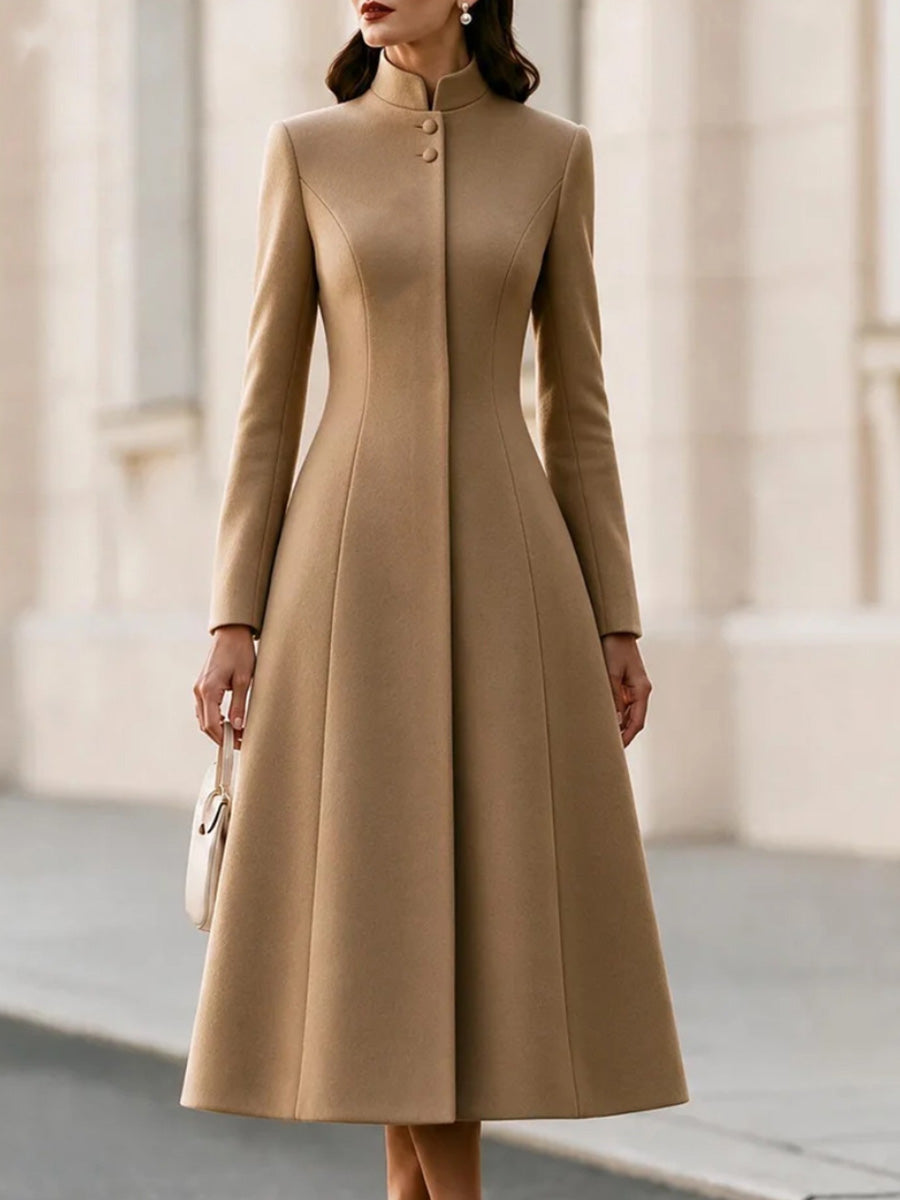 Women's Solid-color Stand-collar Long-sleeve Casual Loose A-line Dress/long Coat