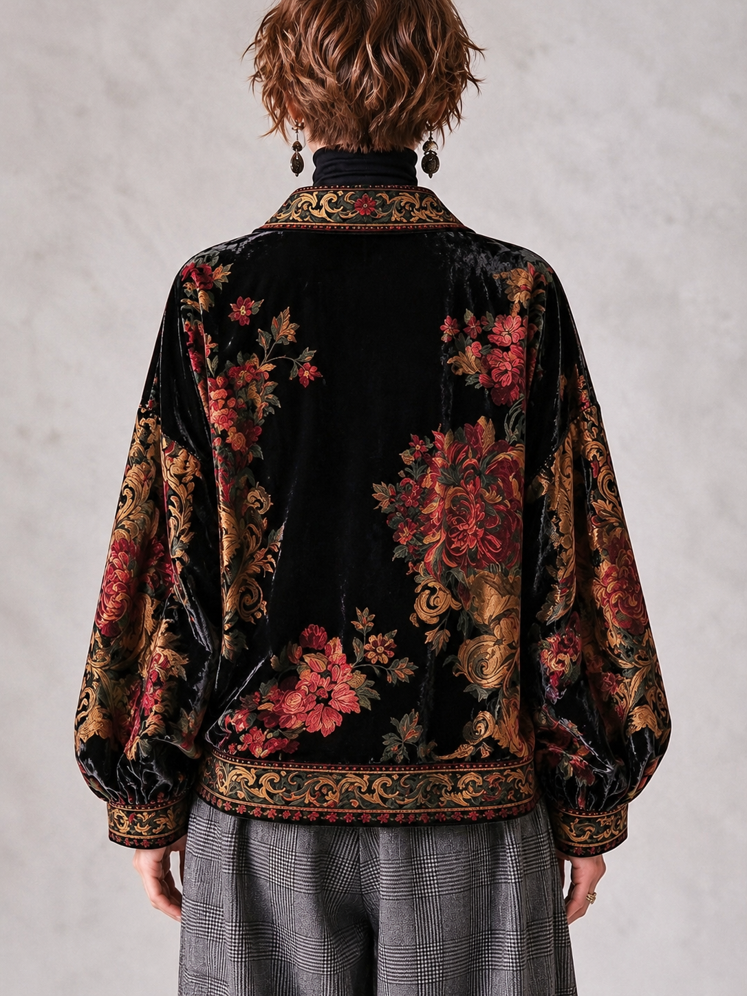 Bohemian Glam Vintage Floral Print Velvet Zip-up Jacket