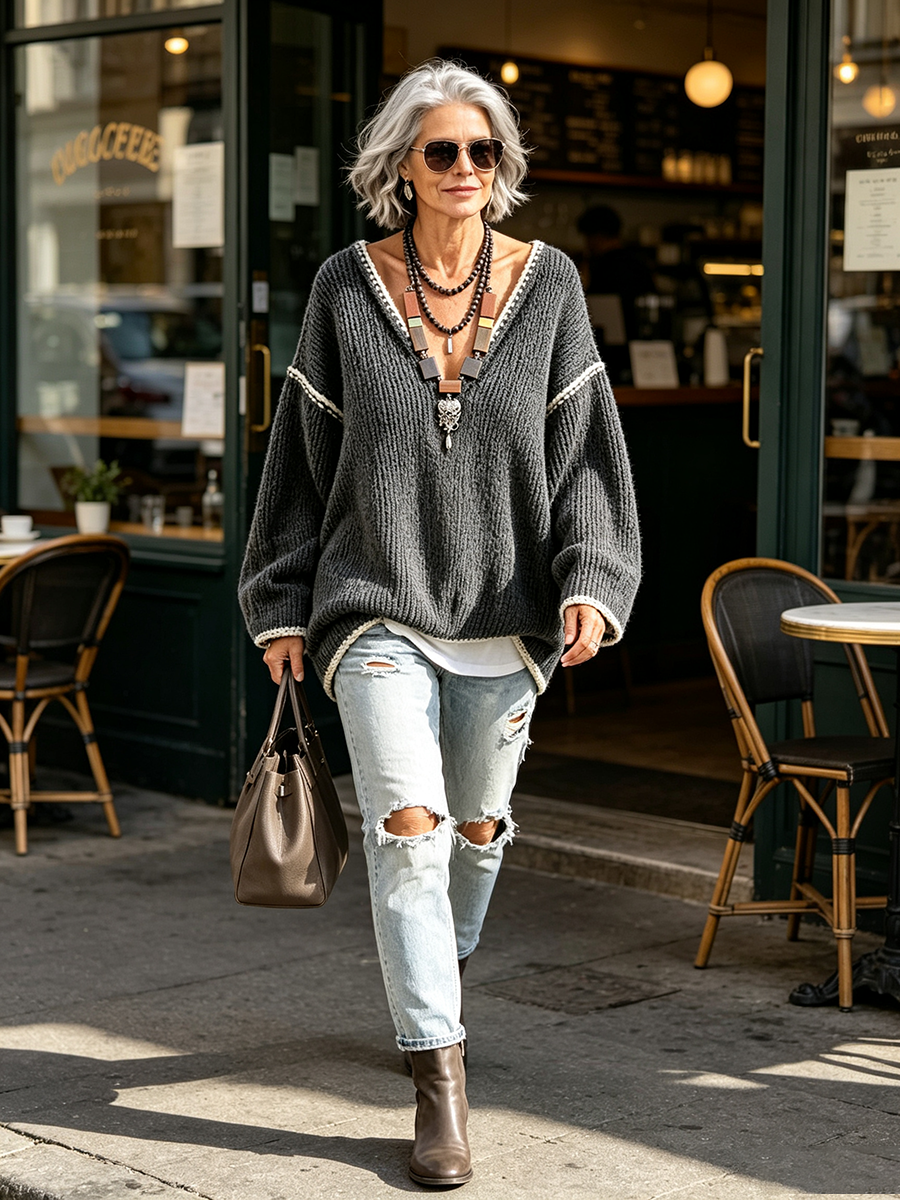 Relaxed Oversized Contrast Trim Dark Grey Sweater
