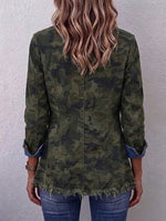Vintage-style Camouflage Denim Jacket With A Stand Collar, Gold Buttons, And Raw Edges