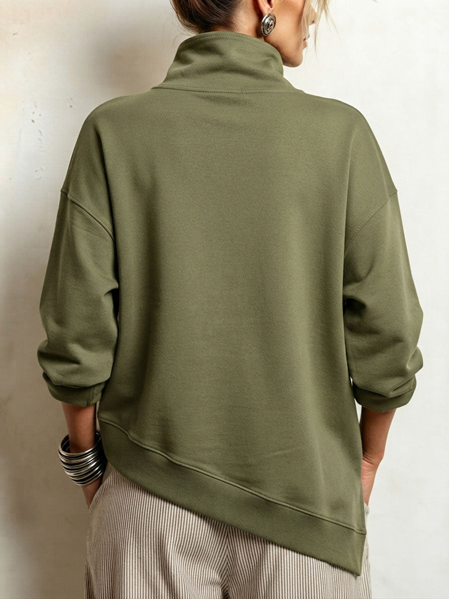 Chic High Funnel Neck Asymmetric Olive Sweatshirt