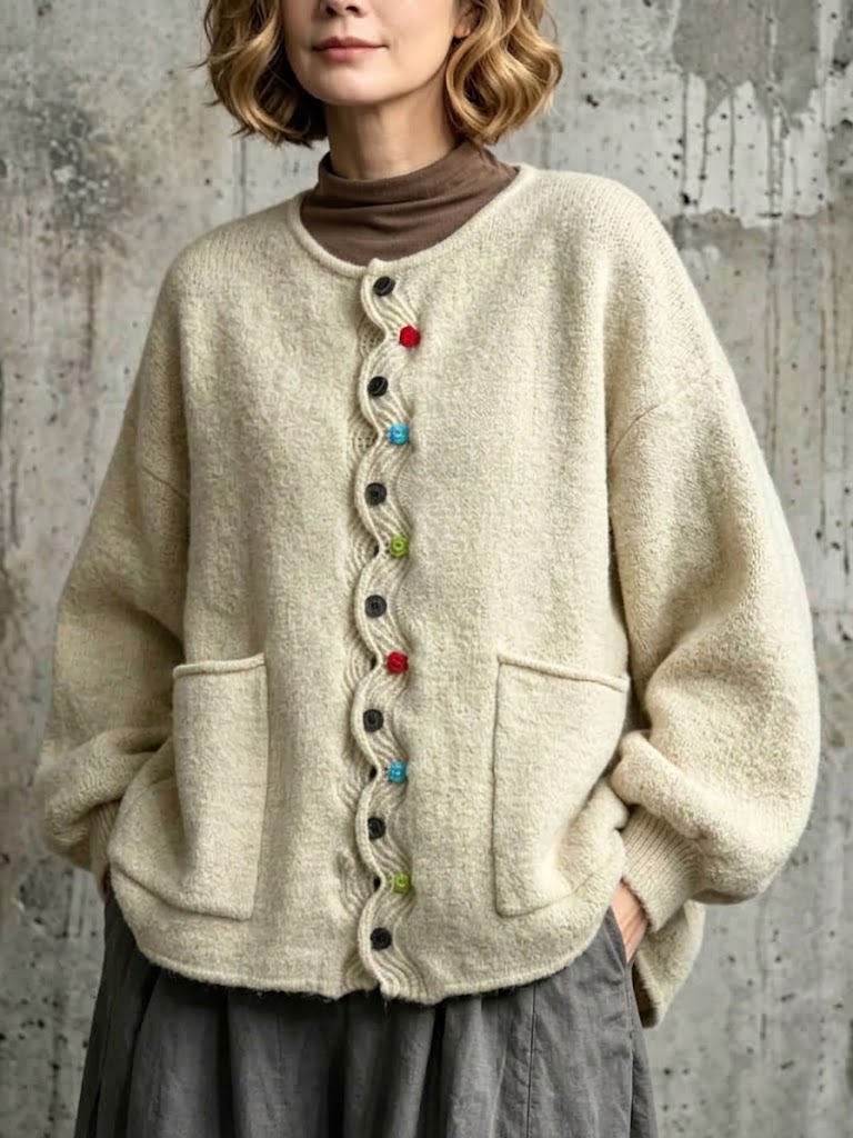 Loose-fit, Drop-shoulder Knit Cardigan Featuring A Wavy Placket, Decorative Colorful Buttons, And Large Patch Pockets