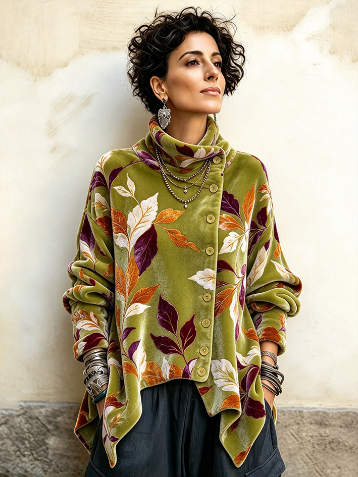 Vintage Leaf Print Asymmetrical Button Turtleneck Top