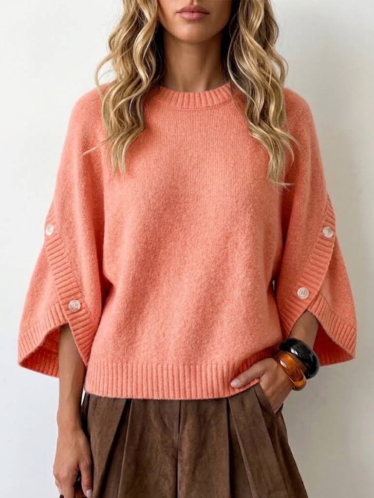 Crew Neck Side‑button Decor Loose Batwing 3/4 Sleeve Knit Pullover