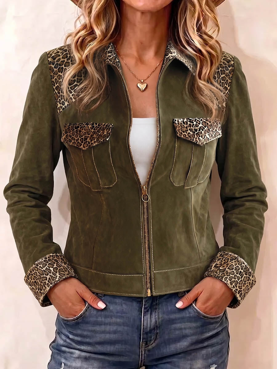 Women's Lapel Long-sleeve Loose-fit Faux Suede Jacket With Leopard Print Panels