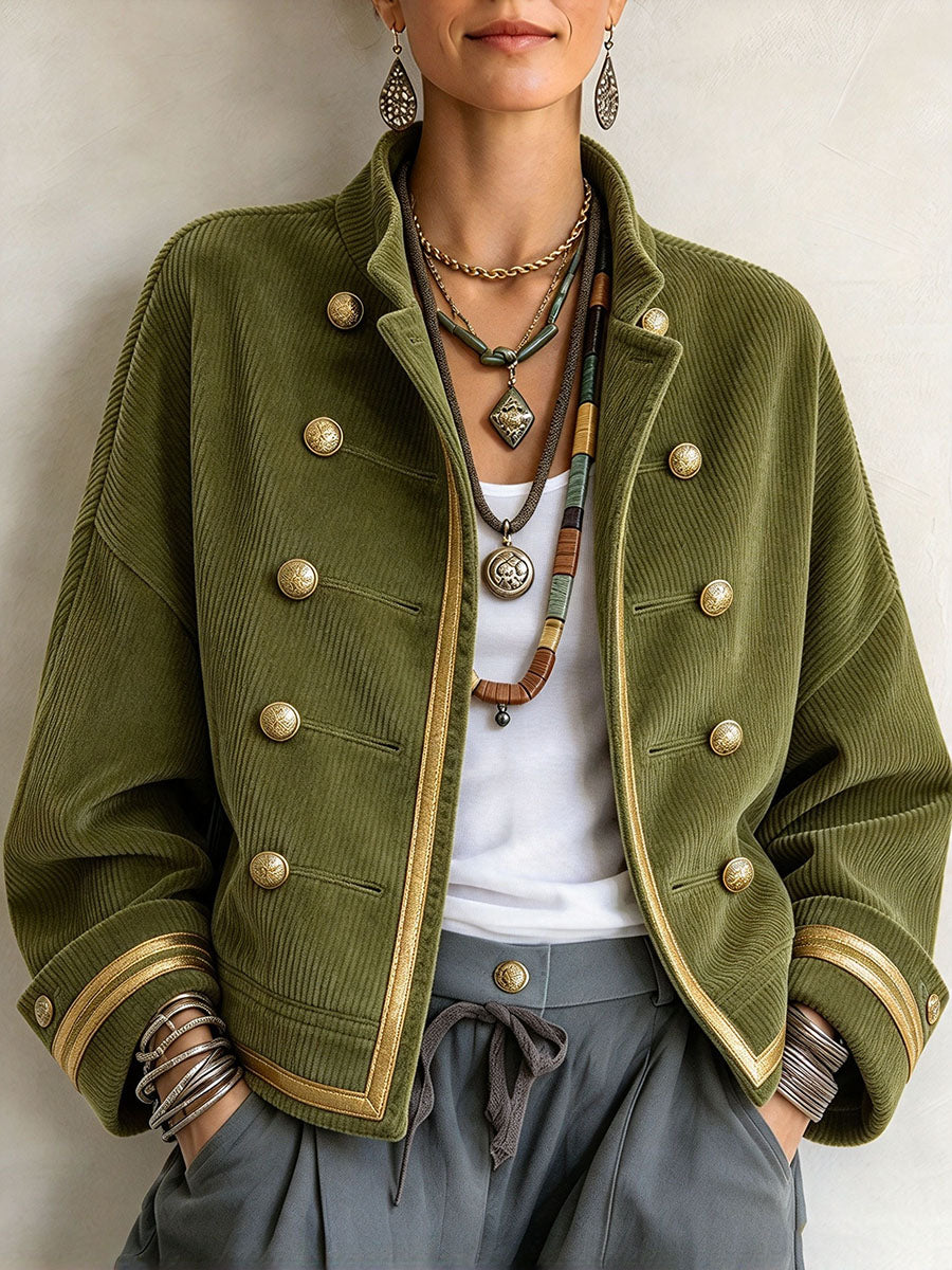 Casual Chic Retro Corduroy Military Cropped Jacket