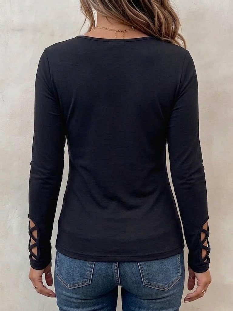 V-neck Long-sleeve Top With Crisscross Lace-up And Cut-out Details