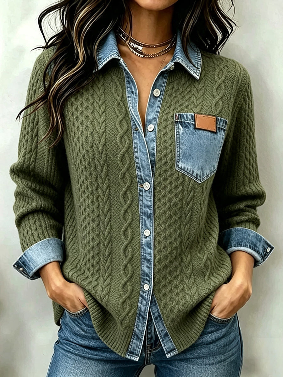 Casual Denim-Paneled Cable-Knit Shirt Jacket