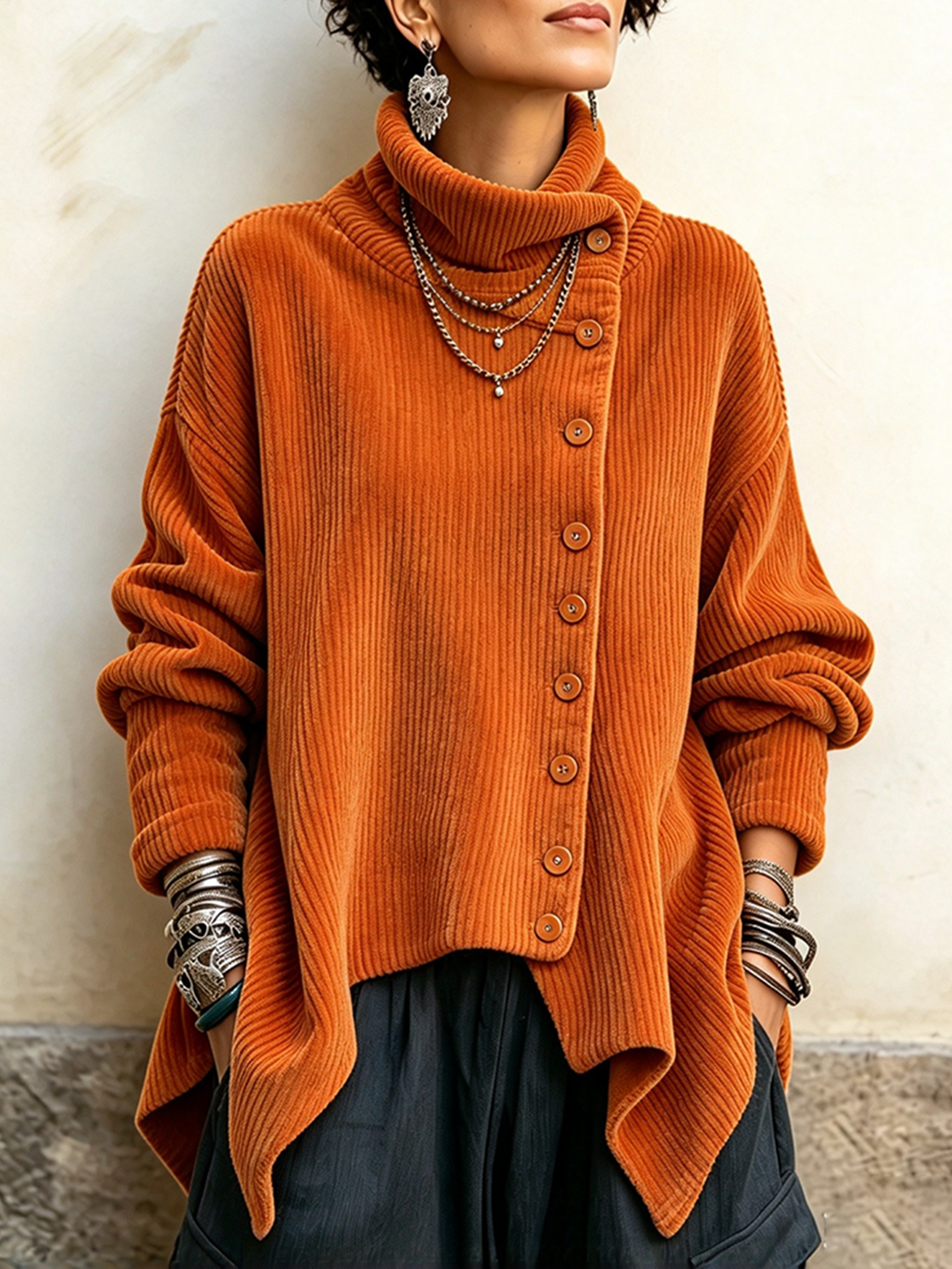 Chic Asymmetric Button-up Collar Corduroy Top