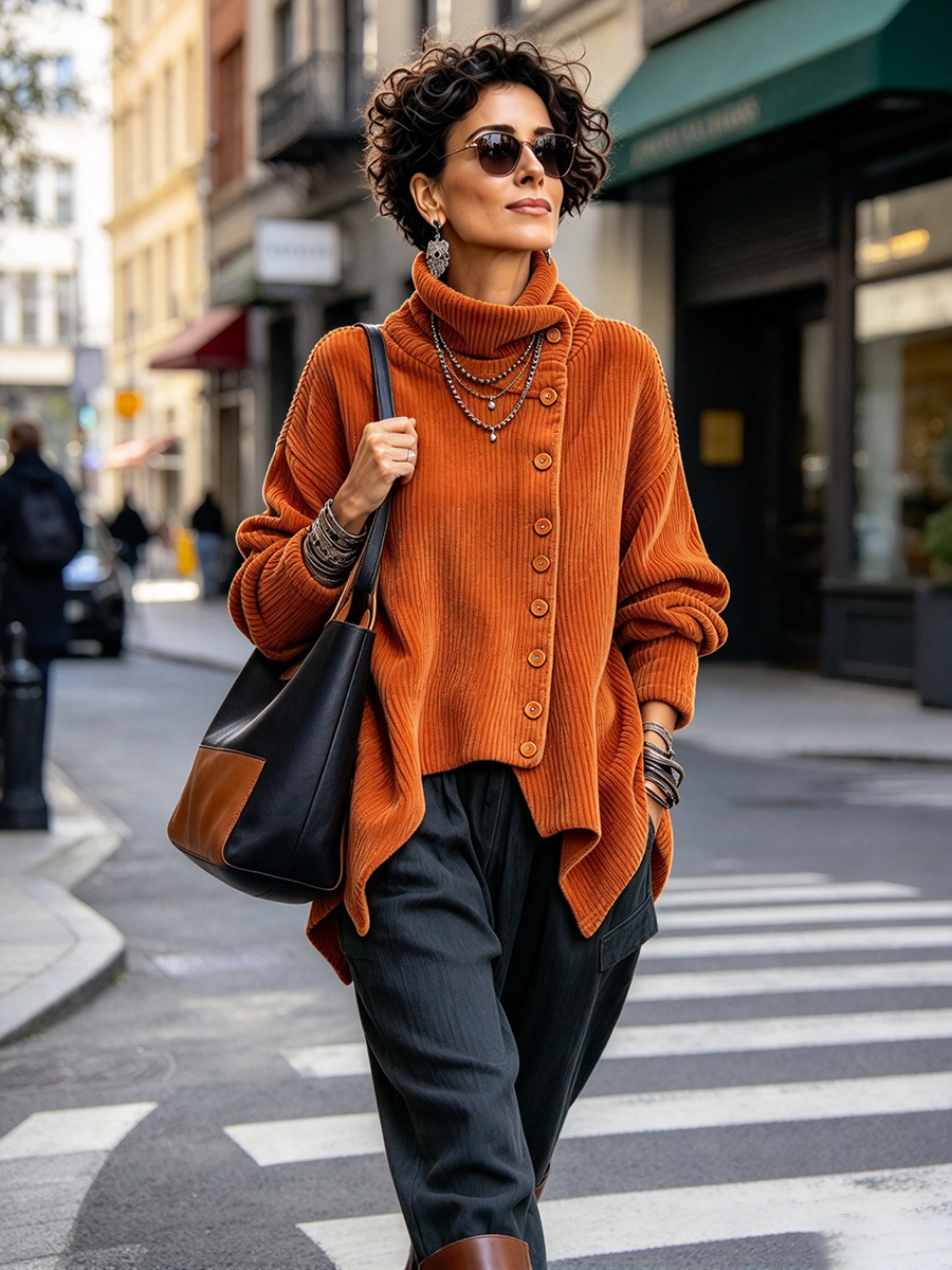 Chic Asymmetric Button-up Collar Corduroy Top