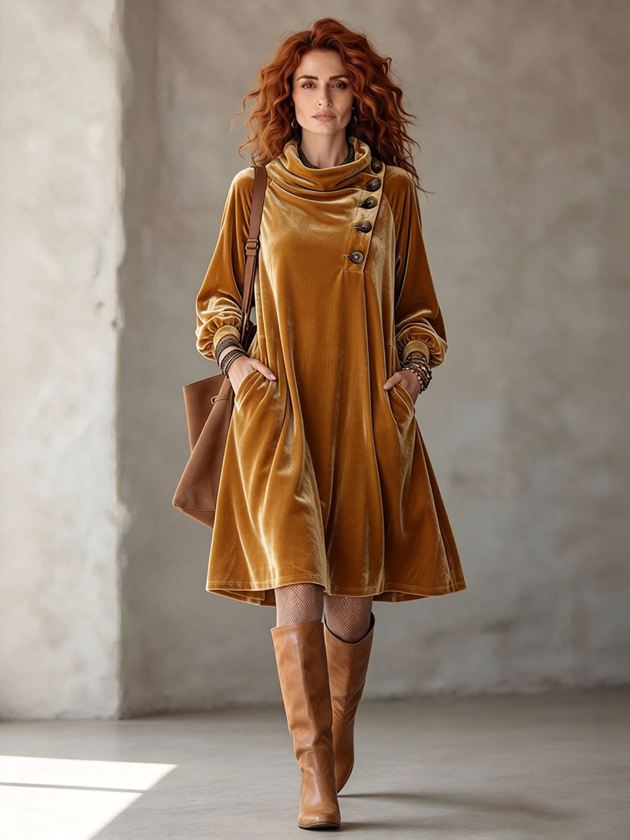 Boho Chic Velvet Asymmetric Midi Dress