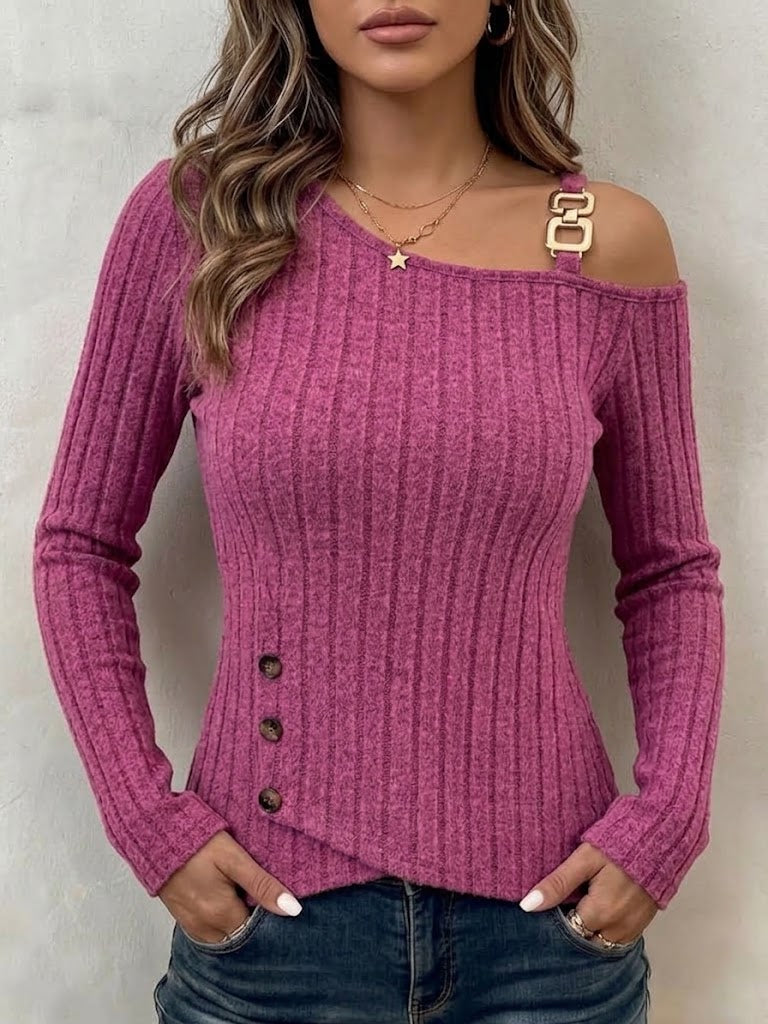 Long-sleeve Vertical-ribbed Top With An Asymmetric Shoulder And Metal Buckle Detail