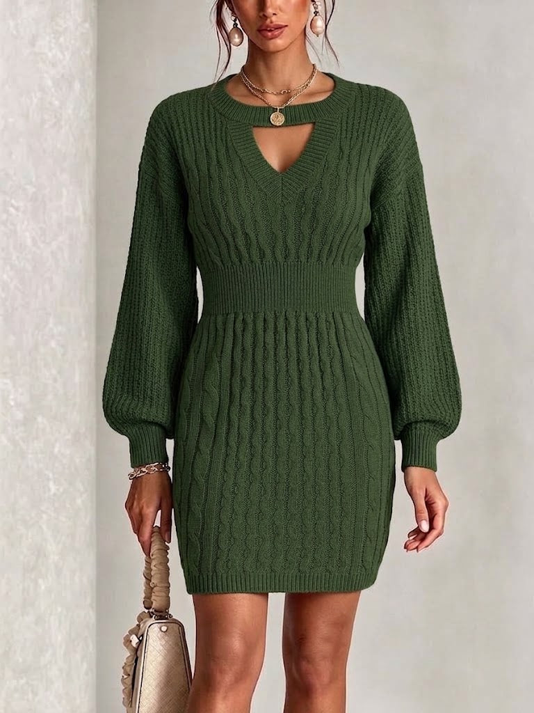 Cutout V-neck Cable Knit Lantern Sleeve Waist-cinched Mini Dress