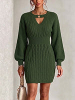 Cutout V-neck Cable Knit Lantern Sleeve Waist-cinched Mini Dress