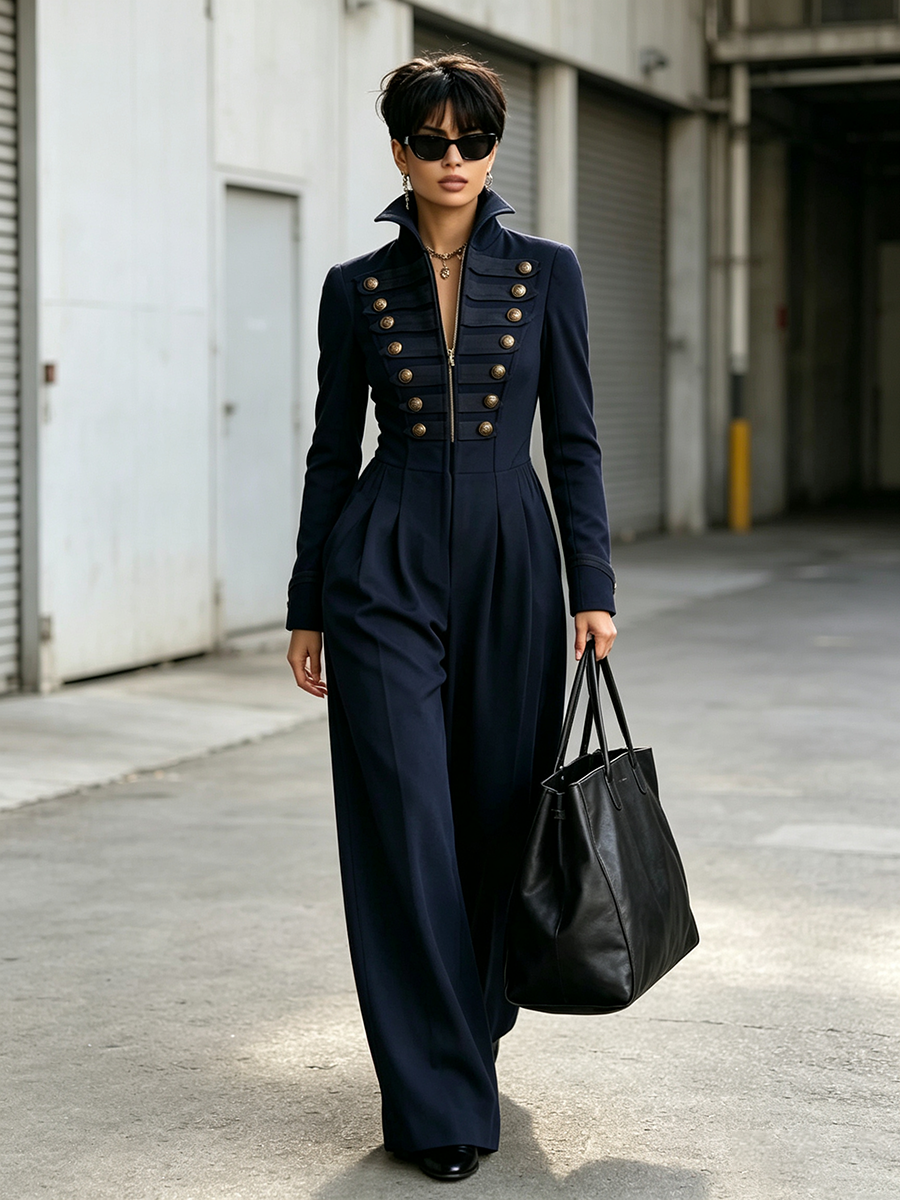 Military-chic Tailored Navy Jumpsuit