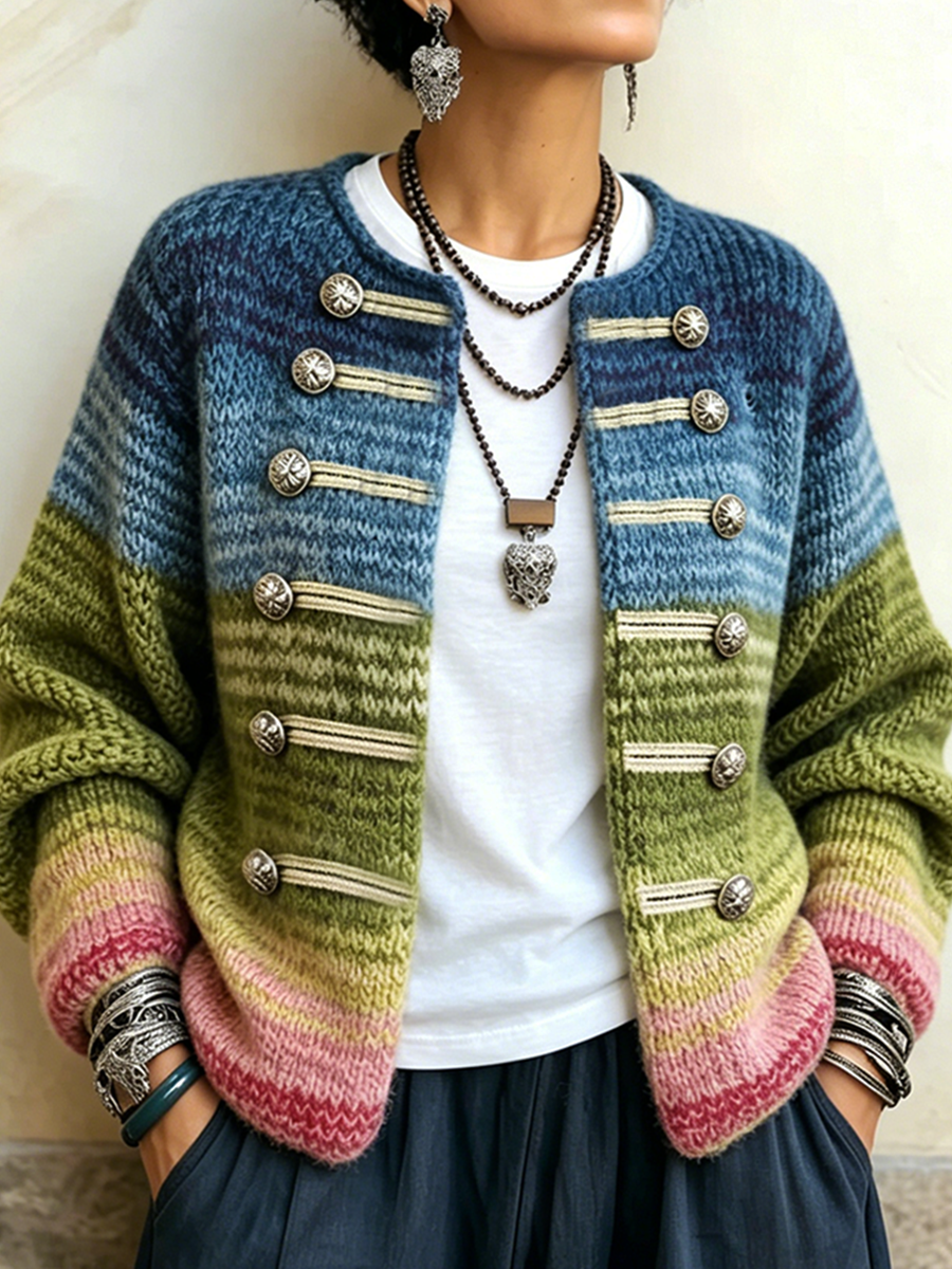Vibrant Gradient Stripes Knit Cardigan With Statement Buttons