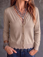 Women's Solid Color V-neck Long Sleeve Casual Loose Knit Cardigan