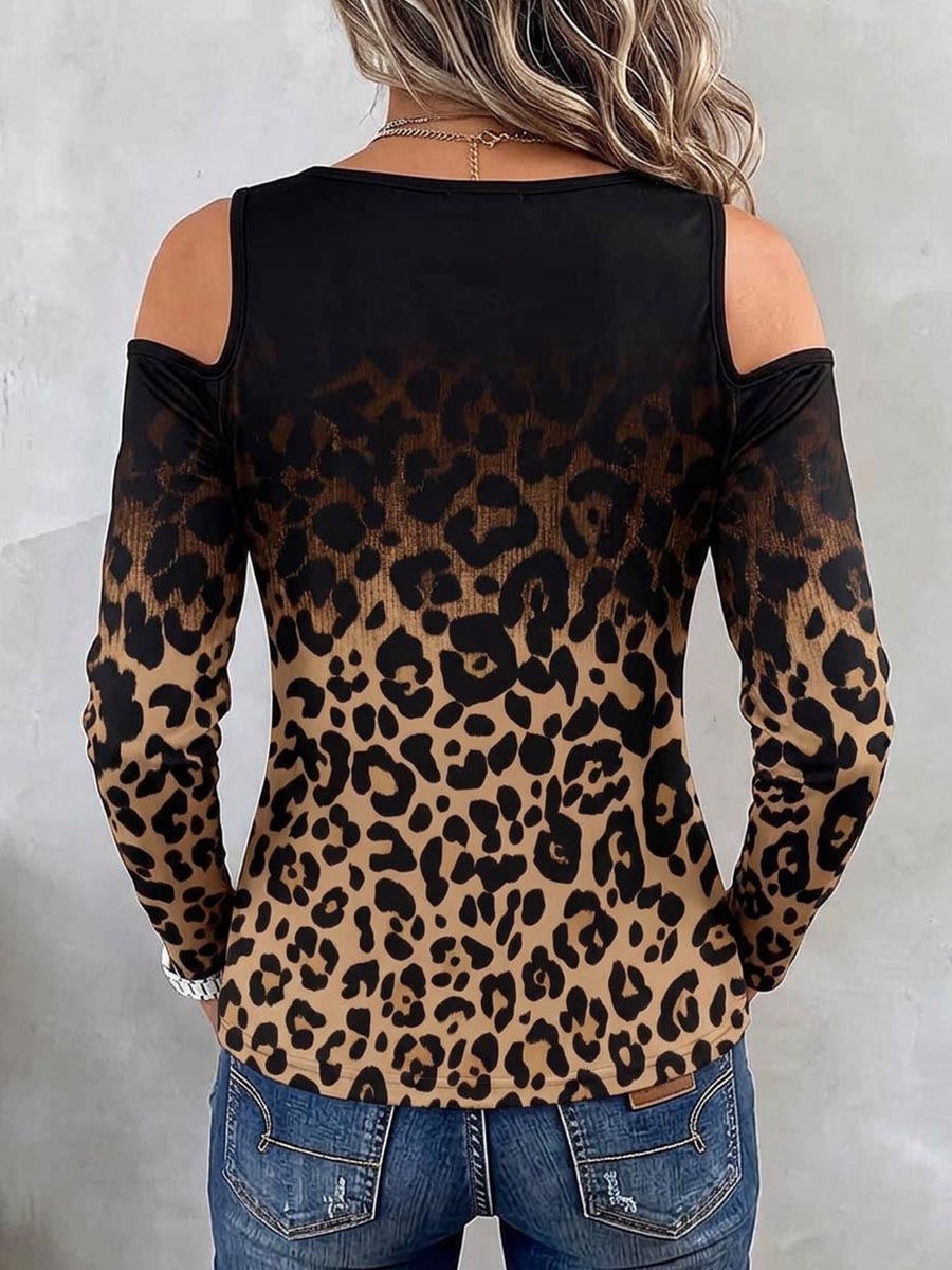 Women's Black Long-sleeve Casual Loose Top With Gradient Leopard Print, Deep V-neck, Crisscross Straps, And Off-shoulder Design