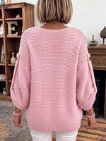 Women's Solid Color V-neck Long Sleeve Casual Loose Knitted Pullover