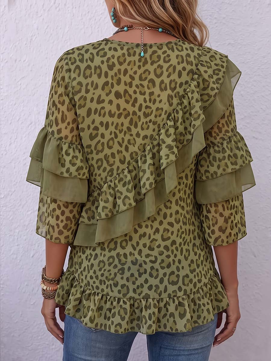 Women's Leopard Print V-neck 3/4 Sleeve Casual Loose Chiffon Top
