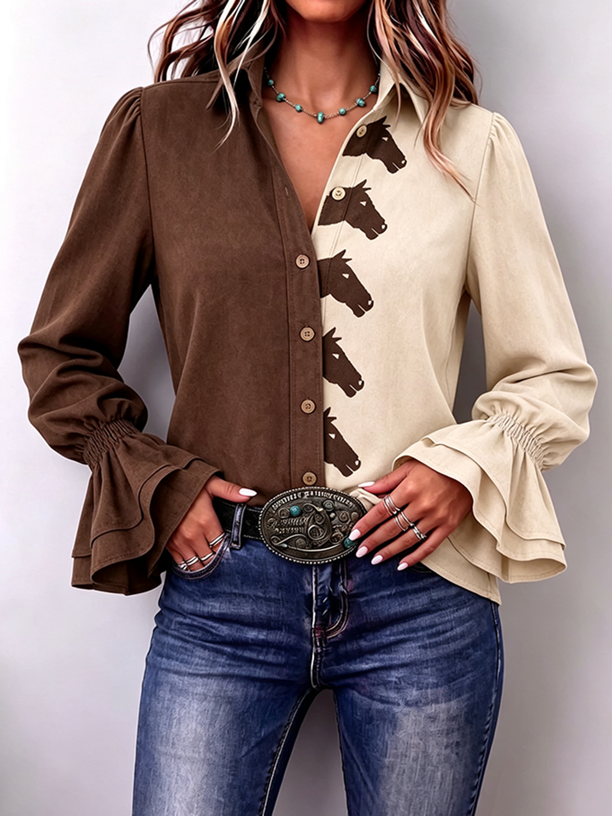 Western-chic Horse Prints Colorblock Shirt