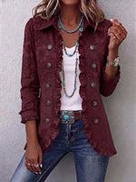 Boho-style Vintage Jacket With Subtle Floral Pattern And Ruffle Details.