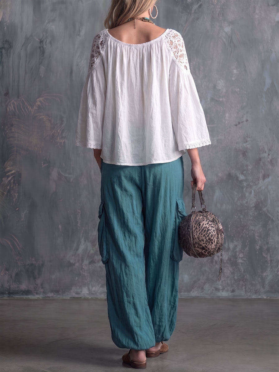 Women's Solid Color Round Neck 3/4 Sleeve Casual Loose Hollowed-out Lace Patchwork Cotton And Linen Top