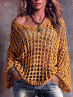 Women's Solid Color V-neck Long-sleeved Casual Loose-fitting Openwork Knit Pullover