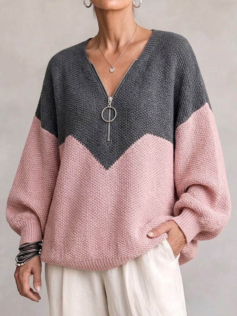 V-shaped Color Block Half-zip Knit Jacket