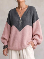 V-shaped Color Block Half-zip Knit Jacket