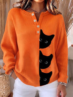 Playful Cat Print Orange Knit Sweater