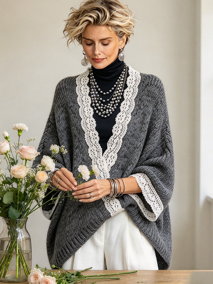 Cozy Relaxed Vintage Lace Trimmed Knit Sweater