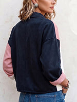 Women's Lapel Long-Sleeve Loose-Fit Color-Block Panel Casual Jacket
