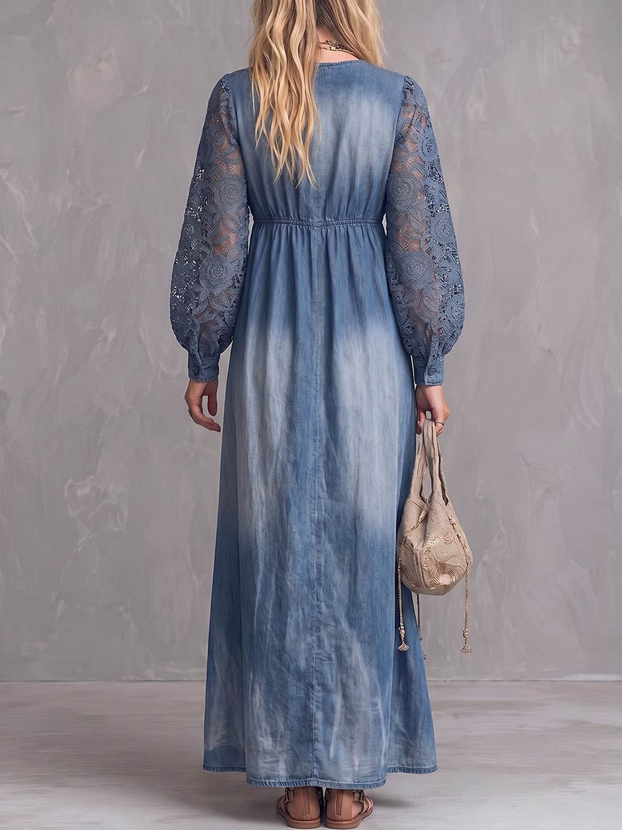 Women's Square Neck Long-sleeved Casual Loose Denim Dress With Lace Trim