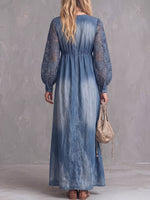 Women's Square Neck Long-sleeved Casual Loose Denim Dress With Lace Trim