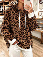 Women's Fuzzy Leopard Print Pullover Hoodie with Contrast Trims