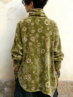 Vintage Floral Velvet High-neck Top With Asymmetric Front Button Closure