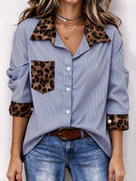 Women's Vertical Striped Button Down Shirt with Leopard Print Contrast